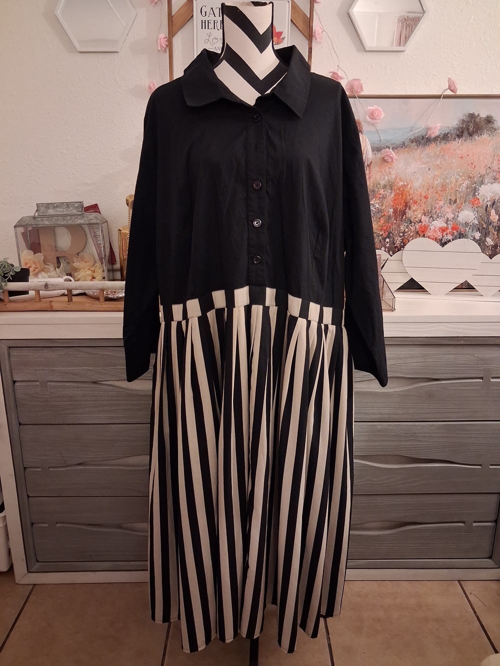 eshakti 32W Black and White Striped Shirt Midi Dress